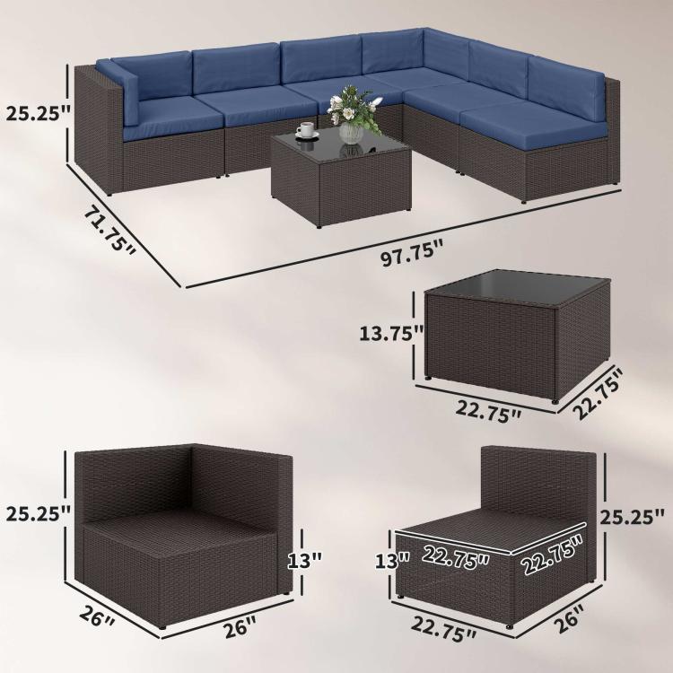 7-piece outdoor sectional set layout with navy cushions and dark wicker coffee table