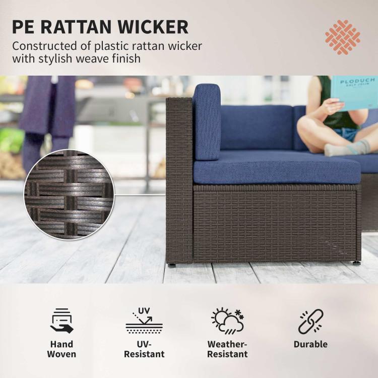 Dark wicker armchair corner section with blue cushion, shown with close-up woven detail