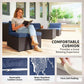 Outdoor sofa corner seat with removable-style blue cushion and dark wicker frame