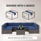 7-piece outdoor sofa set packed in two boxes, with blue cushioned sectional and coffee table