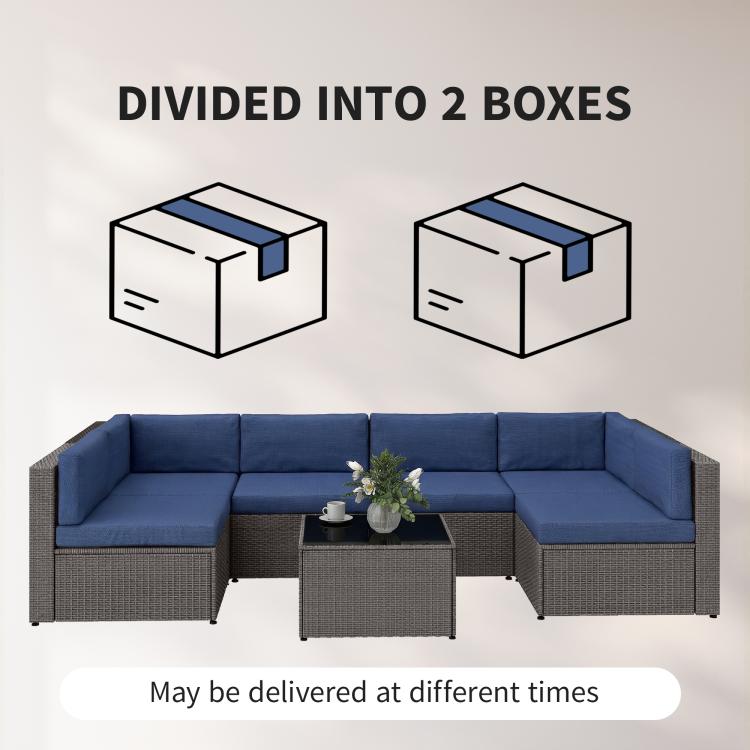 7-piece outdoor sofa set packed in two boxes, with blue cushioned sectional and coffee table