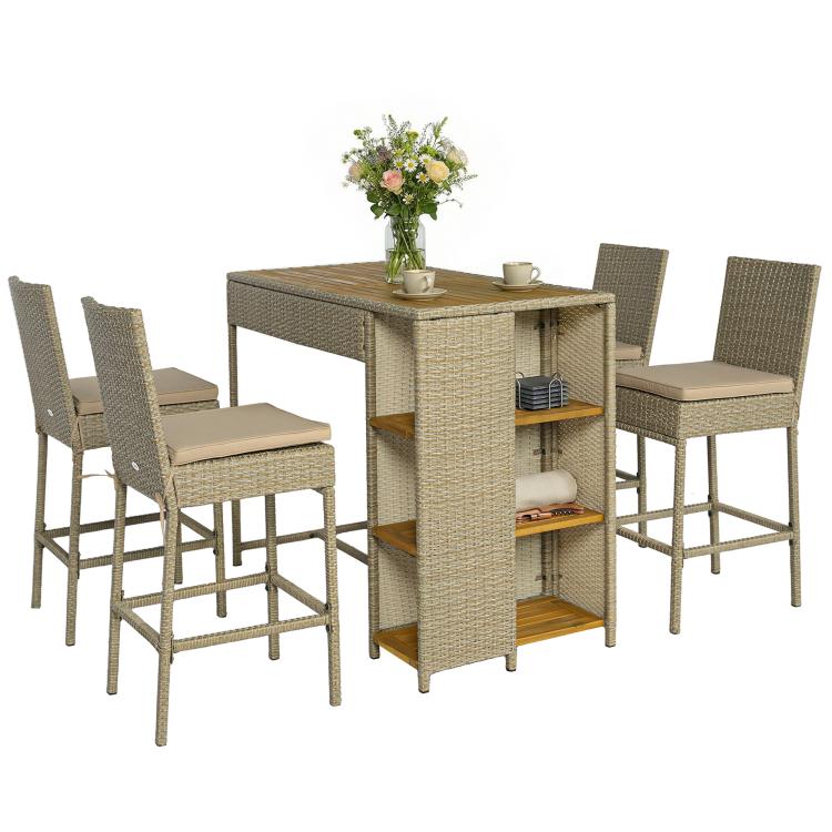Wicker outdoor bar set with high table and four stools, beige seat cushions and storage shelves