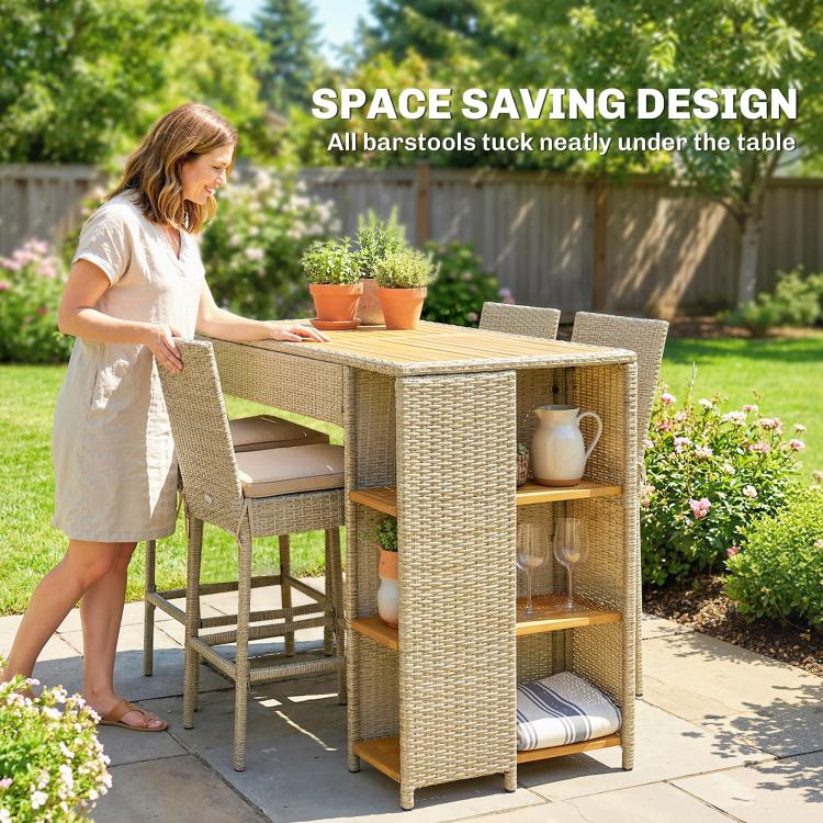 Brown wicker outdoor bar set with high table and 4 cushioned stools, 3-tier shelf