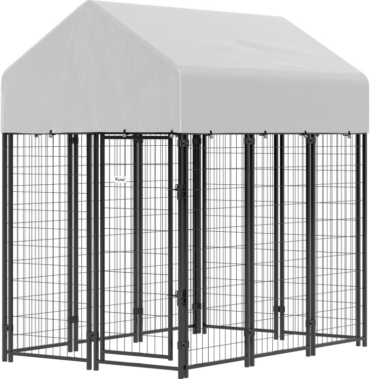 Outdoor dog kennel with peaked roof, gray cover, black welded wire enclosure, front view.