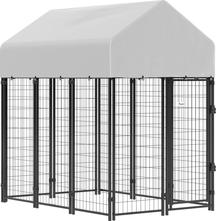 Outdoor dog kennel with roof, welded wire panels, and dark frame