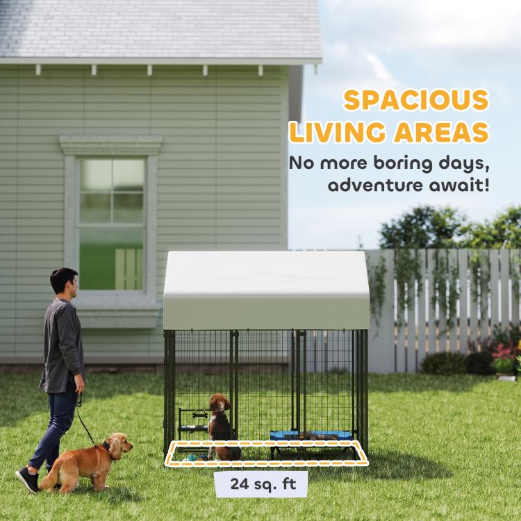 Outdoor dog kennel with peaked roof, black wire panels, dog mat inside on lawn.