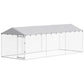 Outdoor dog kennel with silver chain-link sides and sloped waterproof roof, no animals shown