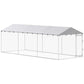 Outdoor dog kennel with silver wire mesh walls and gray roof; enclosed rectangular design