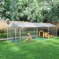 Outdoor dog kennel with silver chain-link panels, sloped roof, and play area inside