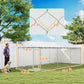 Outdoor dog kennel size diagram with sloped waterproof roof and chain-link panels, silver frame