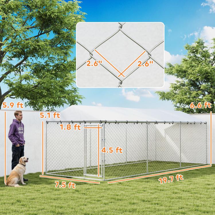 Outdoor dog kennel size diagram with sloped waterproof roof and chain-link panels, silver frame