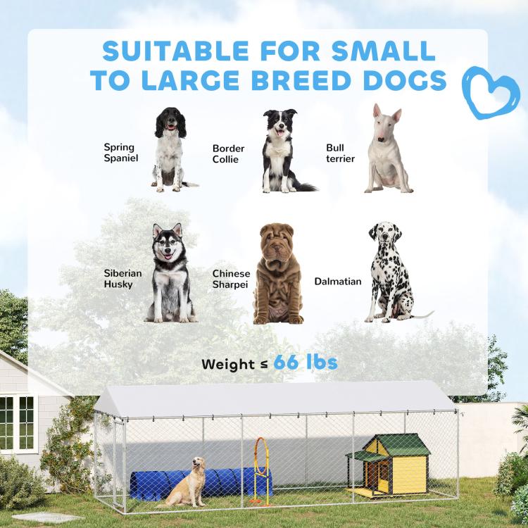 Outdoor dog kennel with silver chain-link panels and sloped waterproof roof, shown with pets outdoors