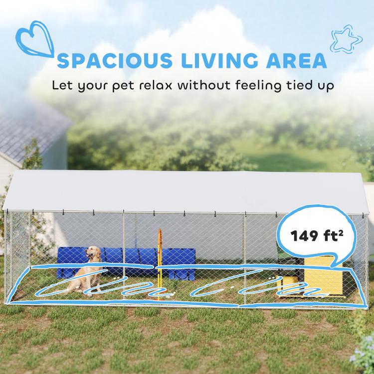 Outdoor dog kennel with chain-link walls, sloped roof, and open floor area, large size