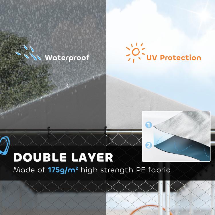 Waterproof double-layer PE roof fabric with UV protection shown beside chain-link kennel