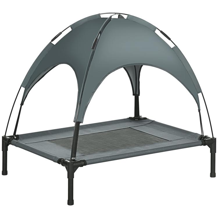 Gray elevated dog bed with removable canopy and raised mesh sleeping platform