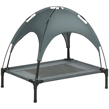 Gray elevated dog bed with removable canopy and raised mesh sleeping platform