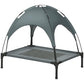 Gray outdoor pet cot with arched removable canopy and mesh sleeping surface