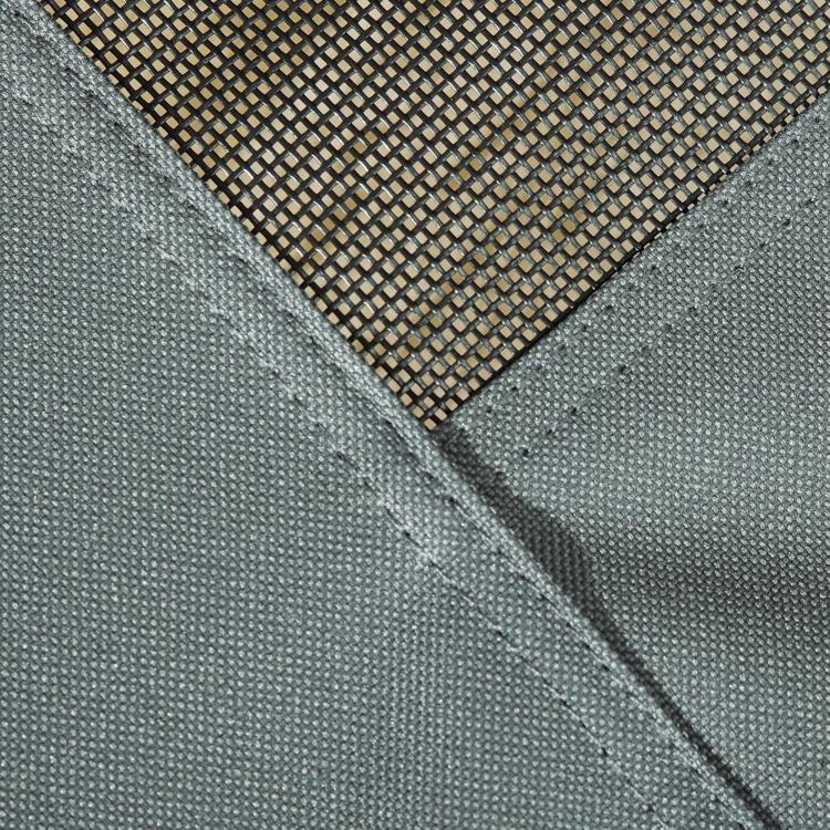 Gray outdoor dog bed canopy fabric close-up with textured mesh panels