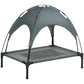 Gray elevated outdoor dog cot with removable arched canopy and mesh bed surface