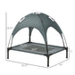 Gray elevated dog bed with removable canopy, size dimensions shown