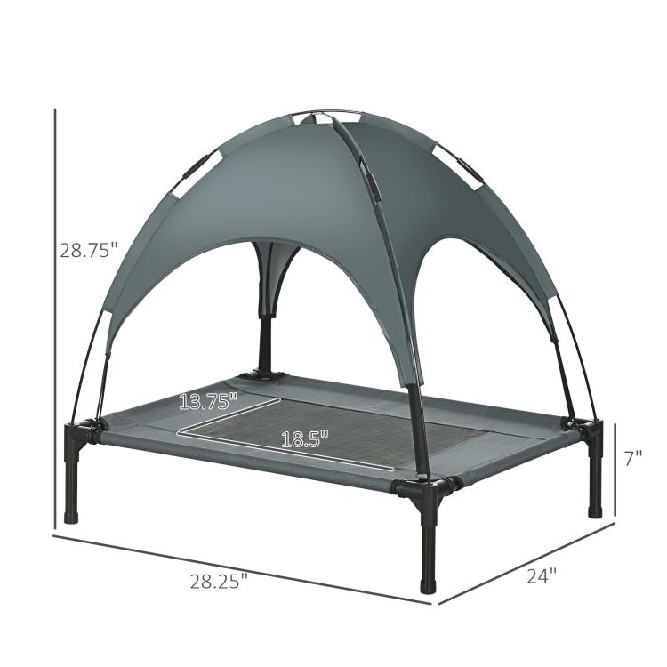 Gray elevated dog bed with removable canopy, size dimensions shown