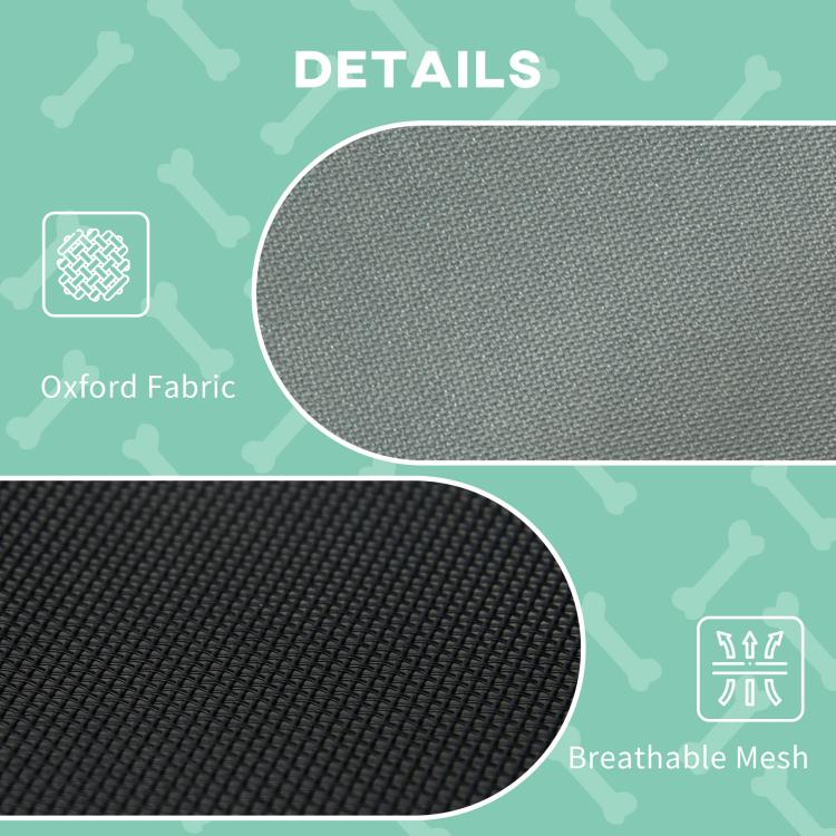 Oxford fabric and breathable mesh upholstery detail for an elevated dog bed