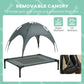 Removable canopy on elevated dog bed for shade, water resistance, and UV protection