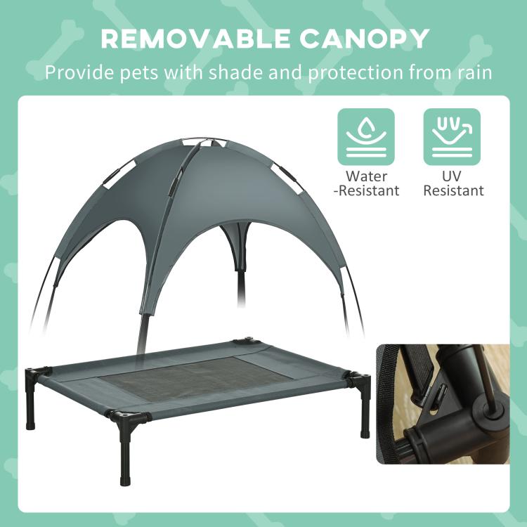Removable canopy on elevated dog bed for shade, water resistance, and UV protection