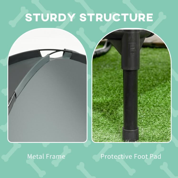 Elevated dog bed with metal frame and protective foot pads