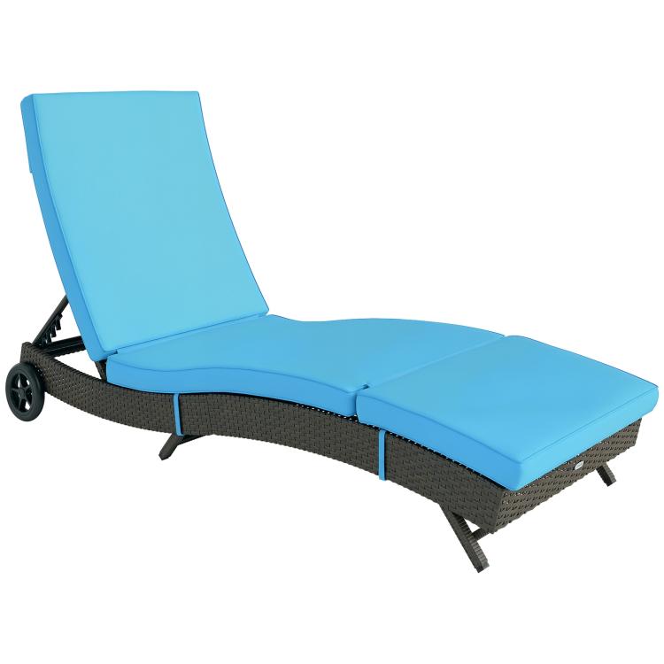 Sky blue padded outdoor chaise lounge chair with adjustable backrest and rolling wheels