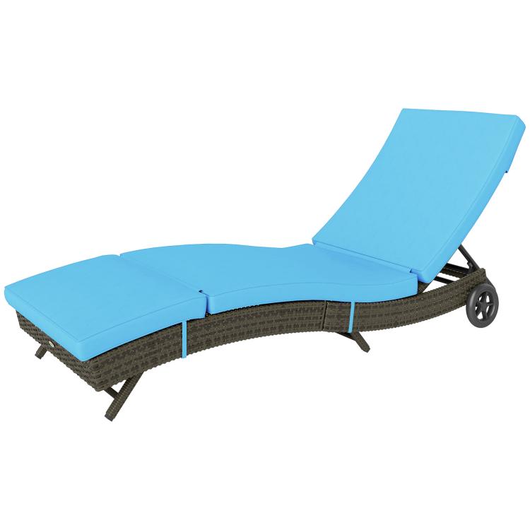 Sky blue adjustable outdoor chaise lounge with curved dark wicker frame and wheels