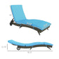 Sky blue chaise lounge chair with adjustable backrest and two wheels, side-view with measurements