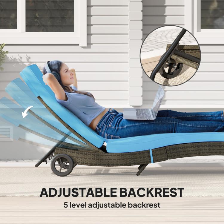Sky blue adjustable chaise lounge chair with rolling wheels and padded backrest