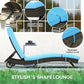 Sky blue cushioned outdoor chaise lounge with dark wicker frame and washable cover