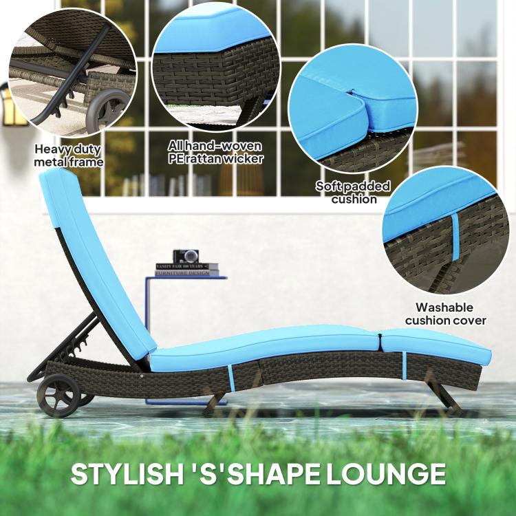 Sky blue cushioned outdoor chaise lounge with dark wicker frame and washable cover