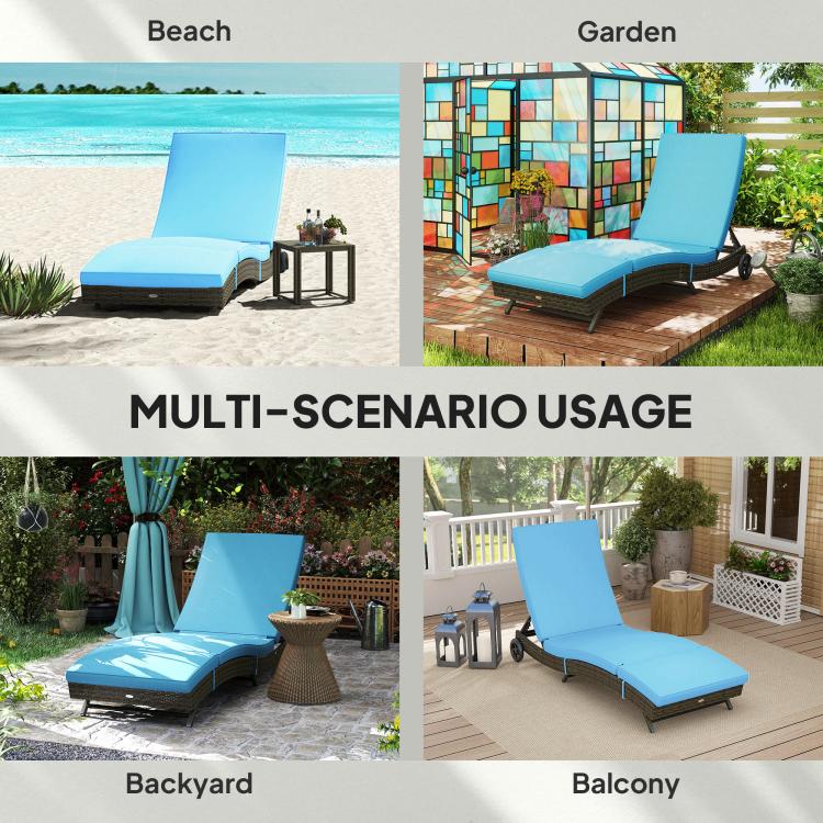 Two-position sky blue chaise lounge chair shown on an outdoor deck and garden setting