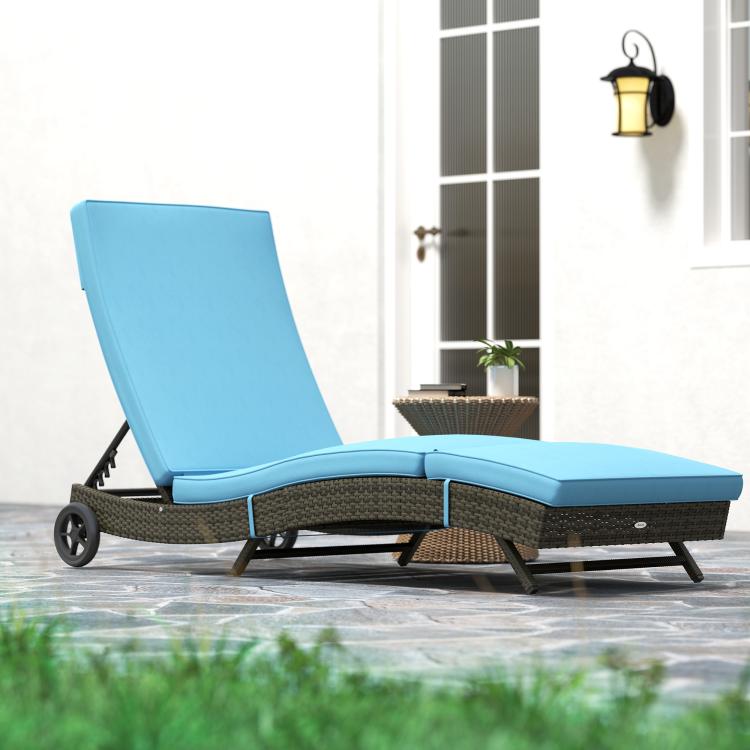 Sky blue outdoor chaise lounge chair with adjustable backrest, dark wicker base, and wheels
