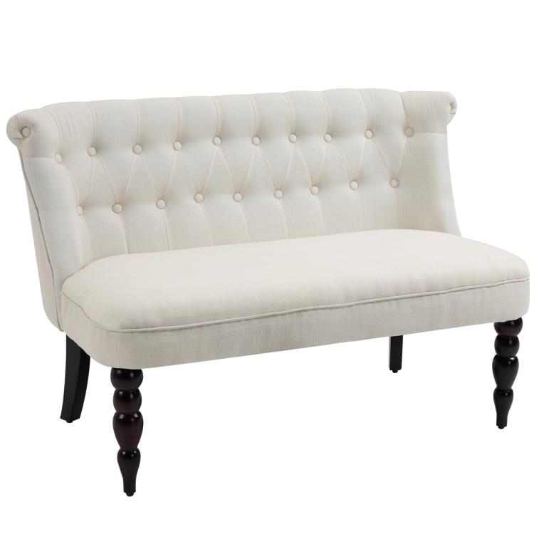 Cream upholstered armless loveseat with button-tufted backrest and dark wood legs