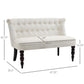 Cream fabric armless loveseat with button-tufted backrest and size dimensions diagram