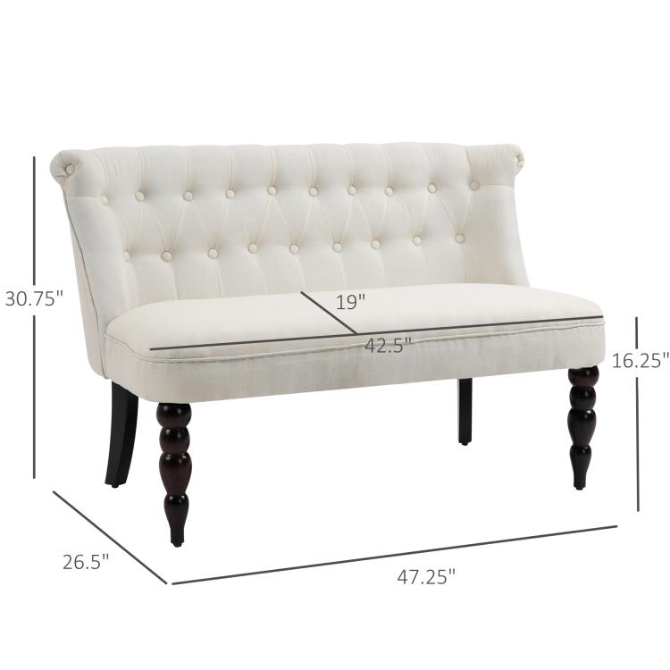Cream fabric armless loveseat with button-tufted backrest and size dimensions diagram