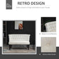 Cream button-tufted loveseat with curved backrest and upholstered seat, promo graphic
