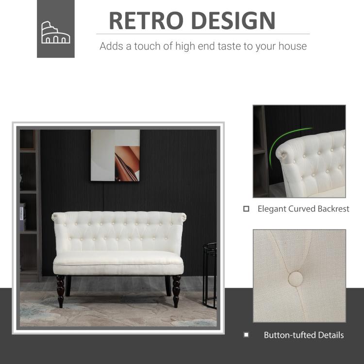 Cream button-tufted loveseat with curved backrest and upholstered seat, promo graphic