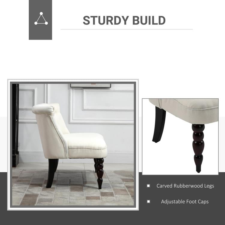 Cream armless loveseat with curved dark wood legs, promo graphic