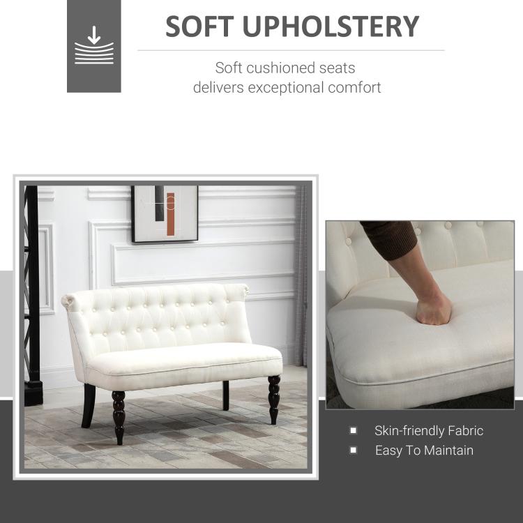 Cream upholstered armless loveseat with soft cushioned seat, promo graphic