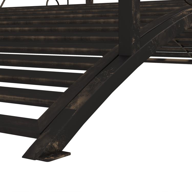Dark bronze metal garden bridge side rail with curved support leg detail