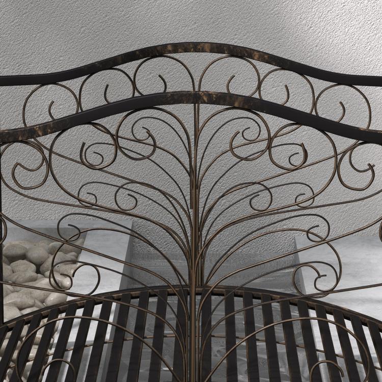 Close-up of dark bronze arched scrollwork panel on a metal garden bridge side rail.