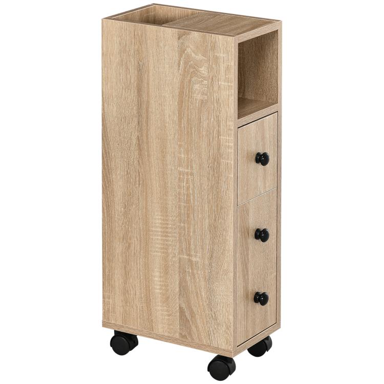Oak bathroom cabinet with door, open shelf, drawer, and rolling caster wheels