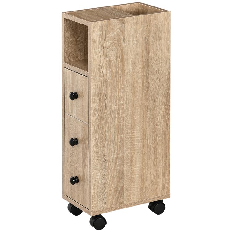 Oak bathroom cabinet with open shelf, door cabinet, and rolling wheels