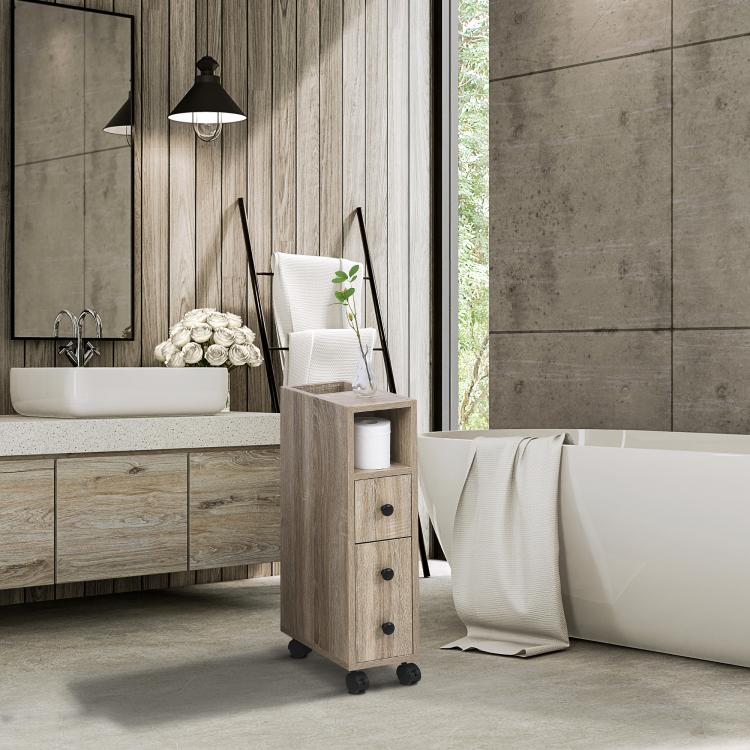 Freestanding oak bathroom cabinet with open shelves, door, drawer, and rolling casters