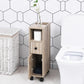 Oak narrow bathroom cabinet with open top shelf, door cabinet, and rolling wheels